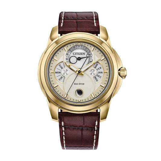 Citizen Men's Calendrier Eco-Drive Gold-Tone Stainless Steel Watch with Champagne Dial & Brown Leather Strap