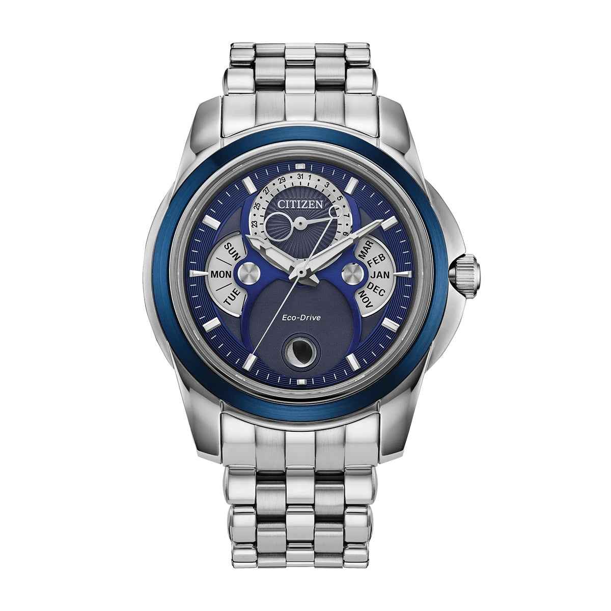 Citizen Men's Calendrier Eco-Drive Stainless Steel Watch with Blue Dial