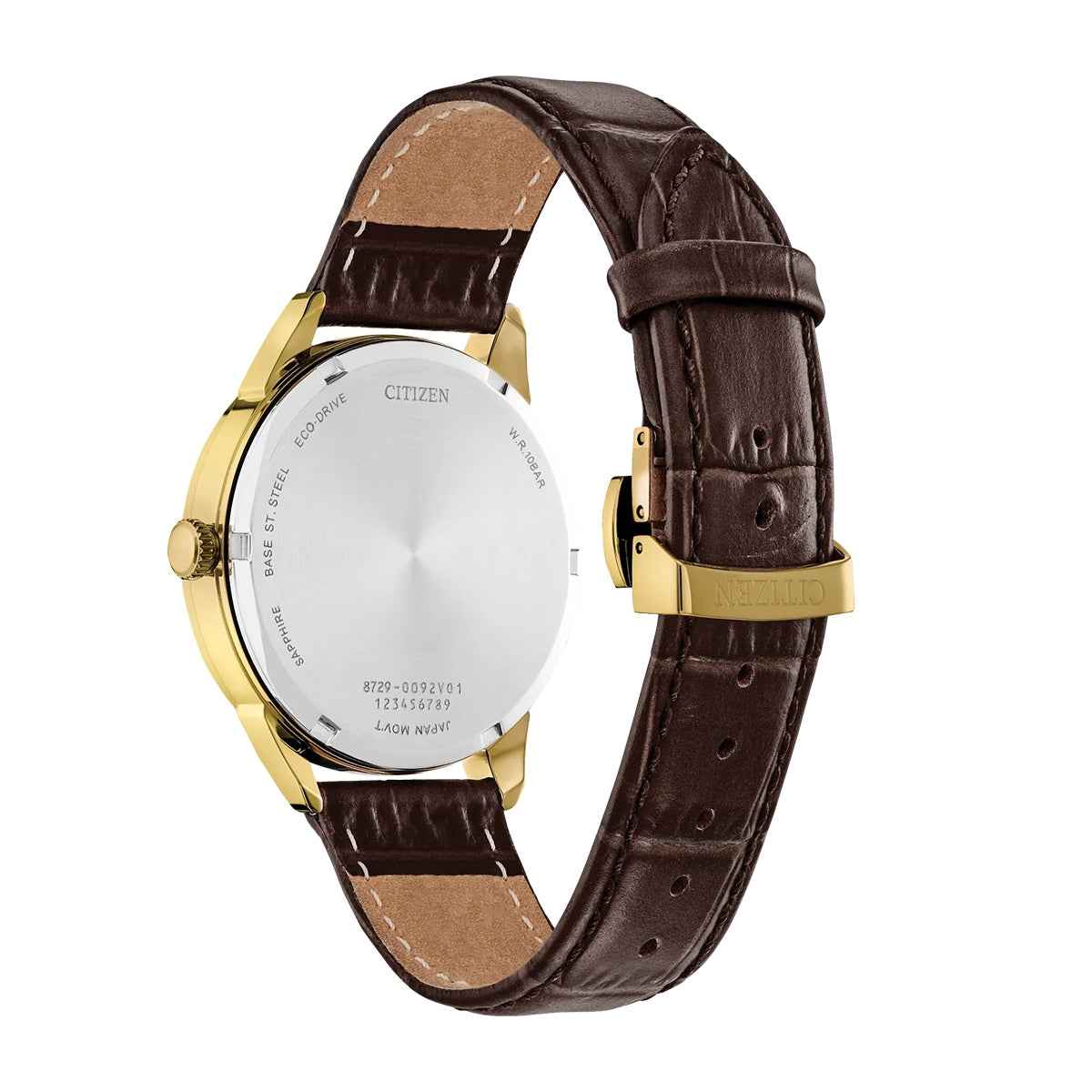 Citizen Men's Rolan Eco-Drive Gold-Tone Stainless Steel Watch with Black Dial & Brown Leather Strap front view
