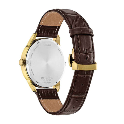 Citizen Men's Rolan Eco-Drive Gold-Tone Stainless Steel Watch with Black Dial & Brown Leather Strap front view