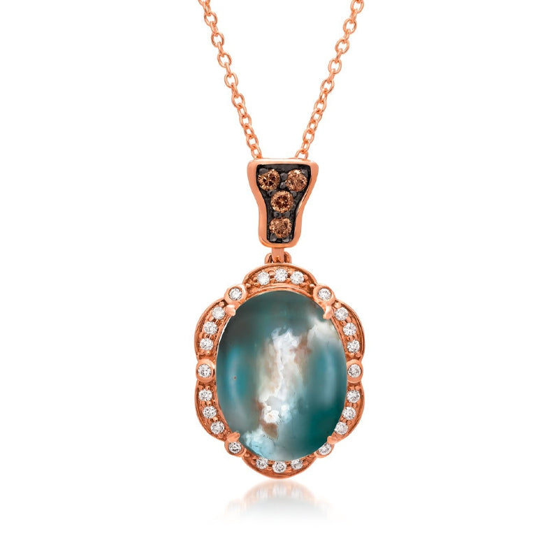 Le Vian Chocolatier Oval Aquaprase & 1/5 ct. tw. Vanilla & Chocolate Scalloped Halo Pendant in 14K Strawberry Gold