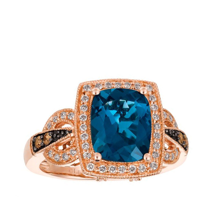 Le Vian Chocolatier Cushion Deep Sea Blue Topaz & 1/3 ct. tw. Vanilla & Chocolate Diamond Milgrain Halo Ring in 14K