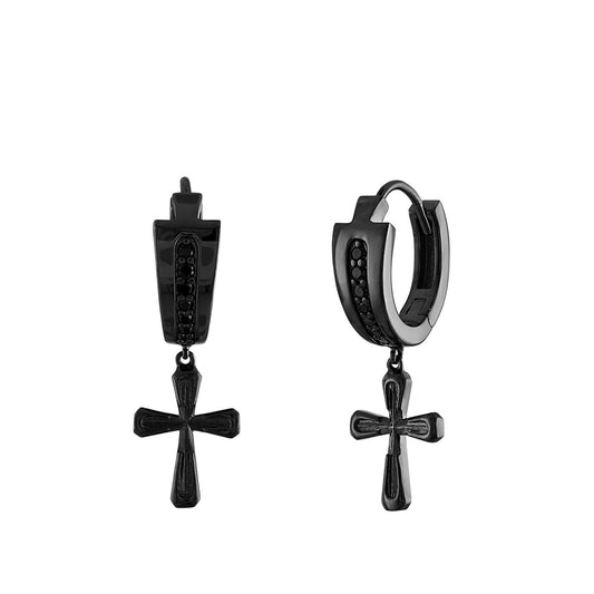 Bulova Men's 1/7 ct. tw. Treated Black Diamond Cross Dangle Hoop Earrings in Black Ruthenium Plated Sterling Silver