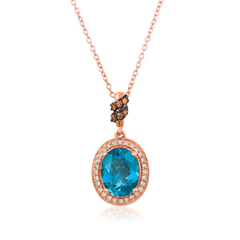 Le Vian Chocolatier Oval Deep Sea Blue Topaz & 1/7 ct. tw. Vanilla & Chocolate Diamond Halo Pendant in 14K Strawberry Gold