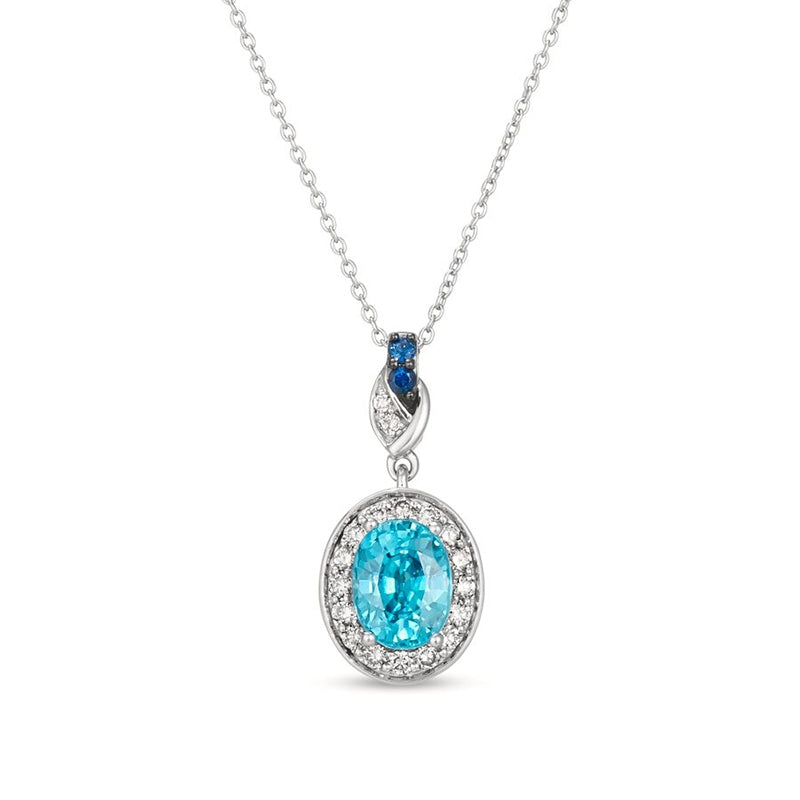 Le Vian Oval Blueberry Zircon, Sapphire, & 1/4 ct. tw. Nude Diamond Halo Drop Pendant in 14K Vanilla Gold