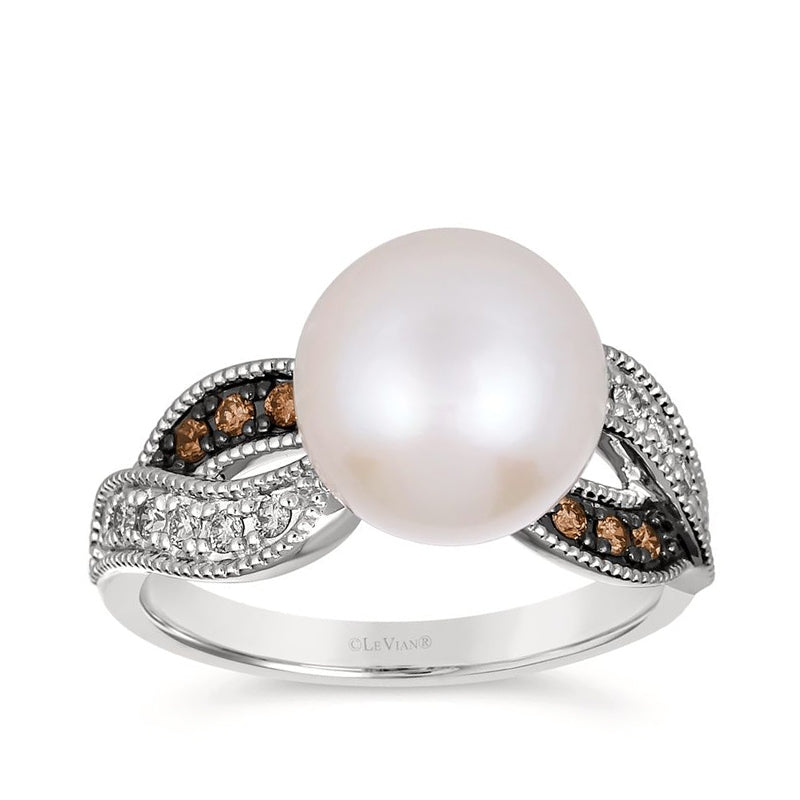 Le Vian Vanilla Pearl & 1/5 ct. tw. Nude & Chocolate Diamond Milgrain Ring in 14K Vanilla Gold