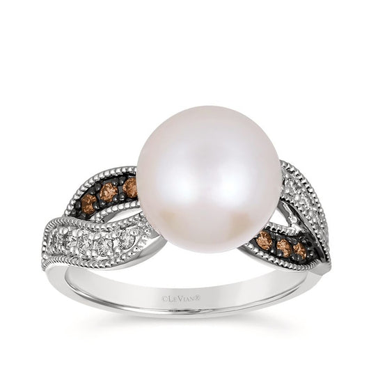 Le Vian Vanilla Pearl & 1/5 ct. tw. Nude & Chocolate Diamond Milgrain Ring in 14K Vanilla Gold