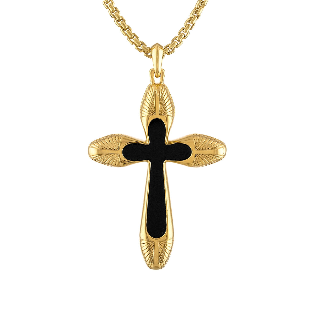 Bulova Men's Black Agate Inlay Cross Pendant in 14K Yellow Gold Plated Sterling Silver