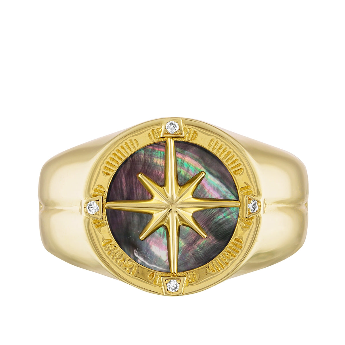 Bulova Men's Mother of Pearl Inlay & Diamond Marine Star Ring in 14K Yellow Gold Plated Sterling Silver close-up detail