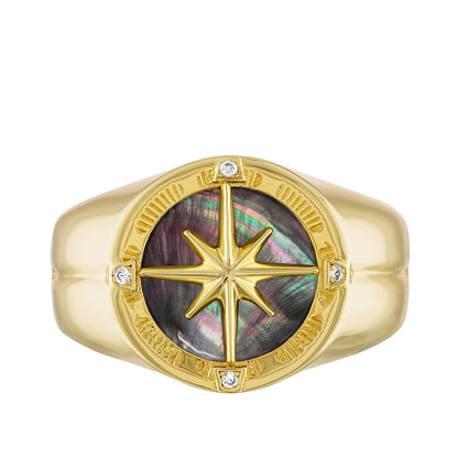 Bulova Men's Mother of Pearl Inlay & Diamond Marine Star Ring in 14K Yellow Gold Plated Sterling Silver close-up detail