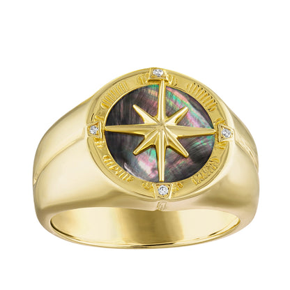 Bulova Men's Mother of Pearl Inlay & Diamond Marine Star Ring in 14K Yellow Gold Plated Sterling Silver