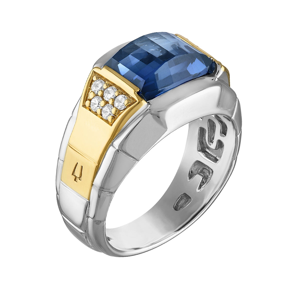 Bulova Men's Barrel Cut Sapphire & 1/10 ct. tw. Diamond Ring in Sterling Silver & 14K Yellow Gold Plating front view