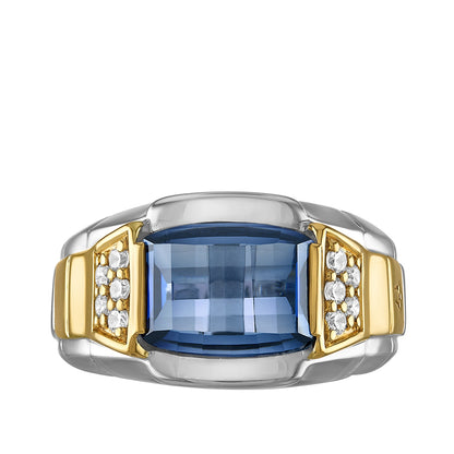 Bulova Men's Barrel Cut Sapphire & 1/10 ct. tw. Diamond Ring in Sterling Silver & 14K Yellow Gold Plating close-up detail