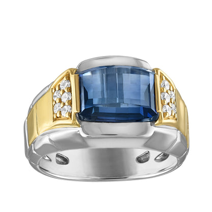 Bulova Men's Barrel Cut Sapphire & 1/10 ct. tw. Diamond Ring in Sterling Silver & 14K Yellow Gold Plating