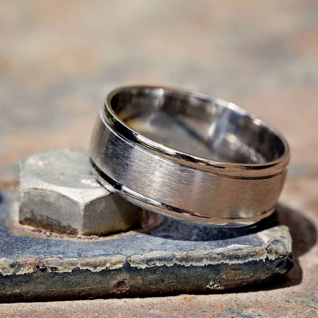 Benchmark Men's High Polish Wedding Band with Satin Center in 10K White Gold side profile