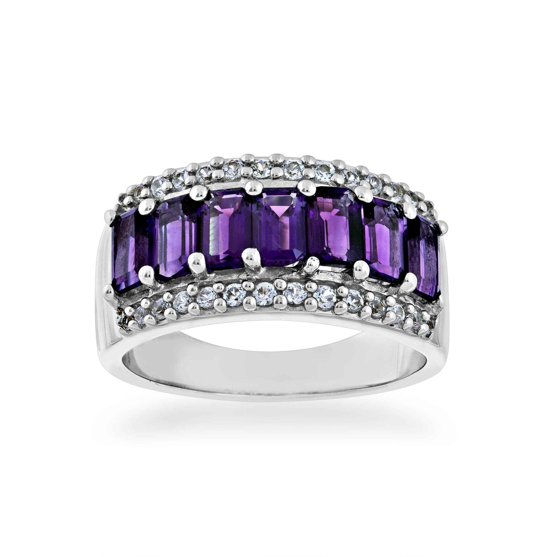 Emerald Cut Amethyst and Lab Created White Sapphire Fashion Band in Sterling Silver