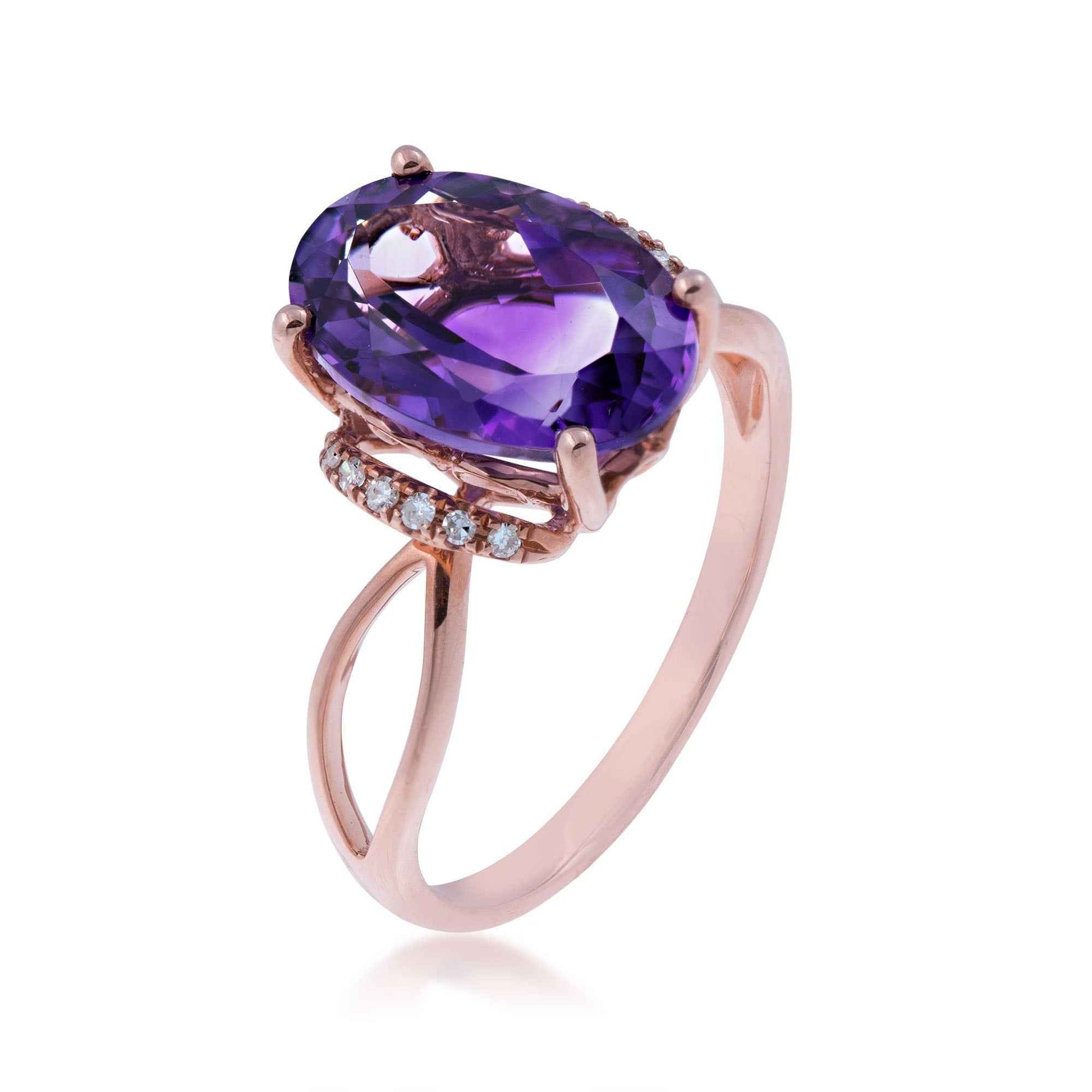 Impulse Collection Oval Amethyst & Diamond Accent Split Shank Ring in 14K Pink Gold front view