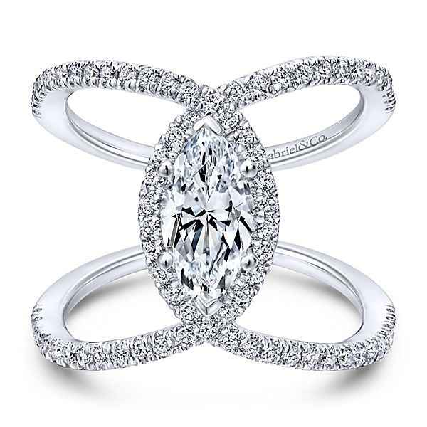 Gabriel & Co. .50 ct. Marquise Halo Semi-Mount Diamond Bypass Designed Engagement Ring in 14K White Gold