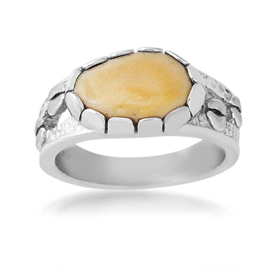 Ladies' Elk Ivory Cabochon Cut Ring with Hoof Track Band in Sterling Silver