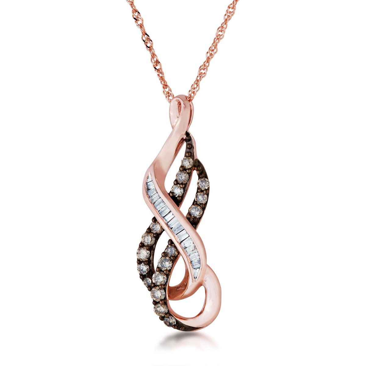 1/3 ct. tw. Round Mocha & White Diamond Baguette Pendant with Black Rhodium Plating Accent in 10K Pink Gold