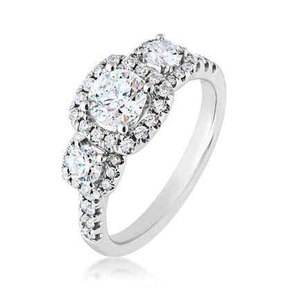 1-1/2 ct. tw Round 3 Stone Diamond Halo Engagement Ring with Split Shank Band in 14K White Gold front view
