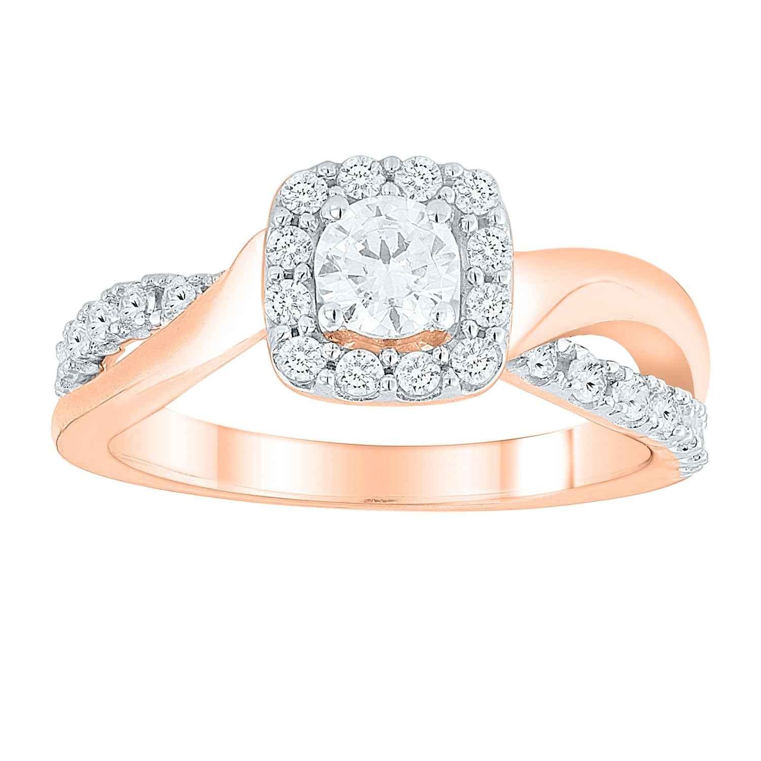 Natural 7/8 ct. tw. Round Brilliant Diamond Halo Twist Engagement Ring in 14K Pink Gold