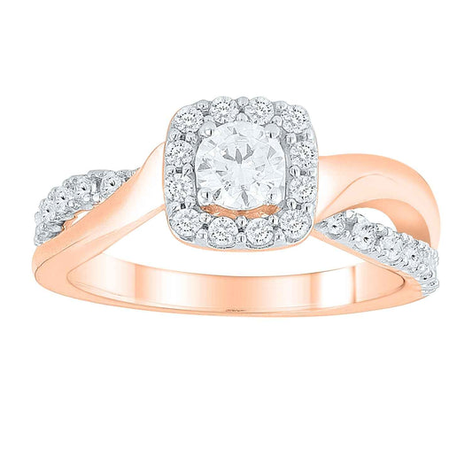 Natural 7/8 ct. tw. Round Brilliant Diamond Halo Twist Engagement Ring in 14K Pink Gold