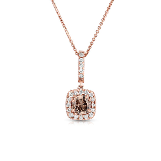 Mocha Lux 1/2 ct. tw. Cushion Cut Mocha Diamond Pendant with Round Brilliant White Diamond Halo & Bale in 14K Pink Gold