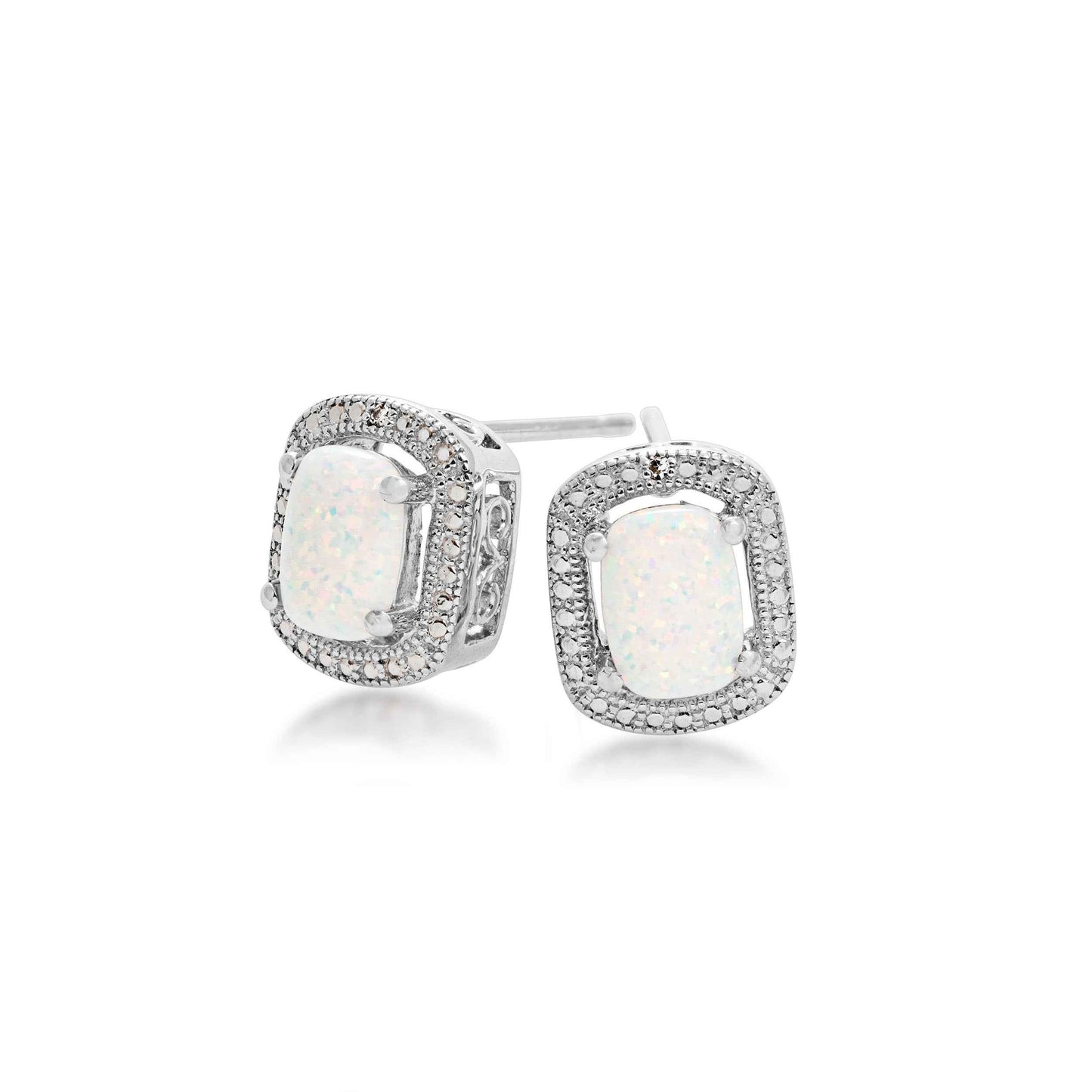 Created Cushion Cut Opal & Diamond Halo Earrings with Milgrain Detaling in Sterling Silver