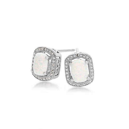 Created Cushion Cut Opal & Diamond Halo Earrings with Milgrain Detaling in Sterling Silver