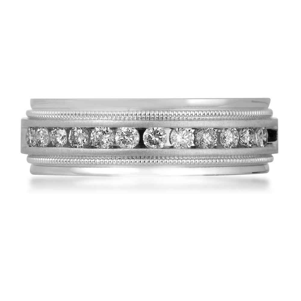 Men's 1/2 ct. tw. Round Brilliant Diamond Channel-Set with Milgrain & Step-Edge Accents in 14K White Gold front view