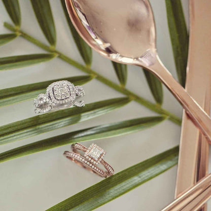 Fairytale Diamonds 3/8 ct. tw Diamond Quad Halo Wedding Set with Milgrain Detailing in 10K Pink Gold side profile