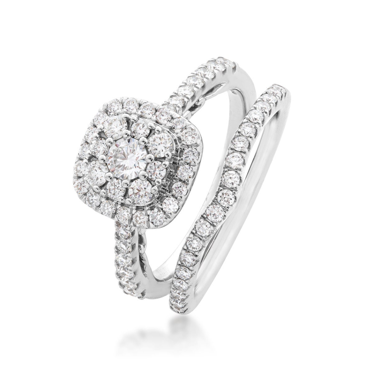 Adamante 1 ct. tw. Round Cluster Lab-Grown Diamond Wedding Set with Halo in 10K White Gold close-up detail