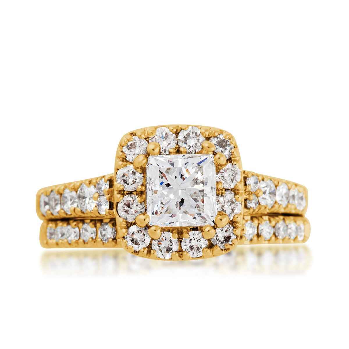Noventa 2 ct. tw. Princess Cut Diamond Halo Wedding Set in 14K Yellow Gold close-up detail