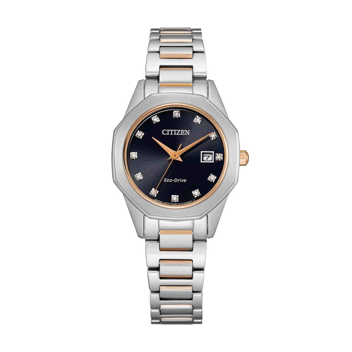 Citizen Ladies' Corso Eco-Drive Two-Tone Stainless Steel Watch with Black Dial and 12 Diamonds