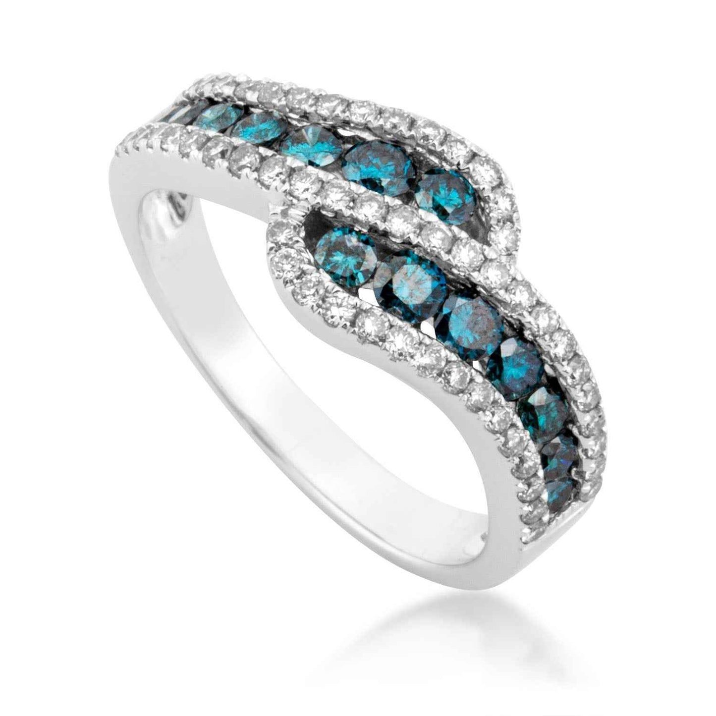 Treated Blue and White Diamond Asher Swirl Ring in White Gold close-up detail