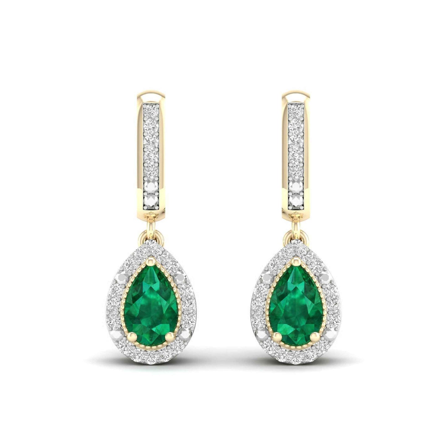 Pear Emerald and 1/10 ct. tw. Diamond Halo Filigree Earrings with Milgrain Detailing in 10K Yellow Gold close-up detail