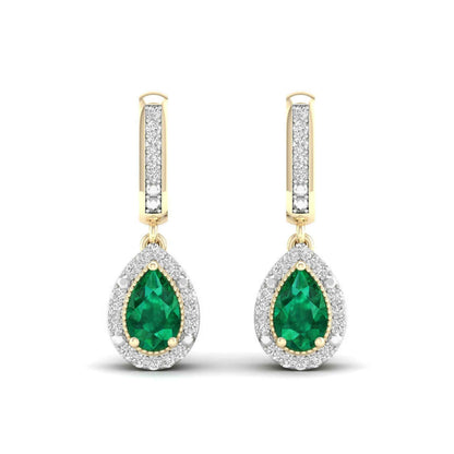 Pear Emerald and 1/10 ct. tw. Diamond Halo Filigree Earrings with Milgrain Detailing in 10K Yellow Gold close-up detail