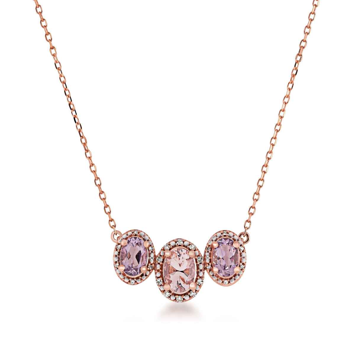3-Stone Oval Morganite, Rose De France Amethyst & Diamond Accent Halo Necklace in 10K Pink Gold