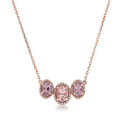 3-Stone Oval Morganite, Rose De France Amethyst & Diamond Accent Halo Necklace in 10K Pink Gold