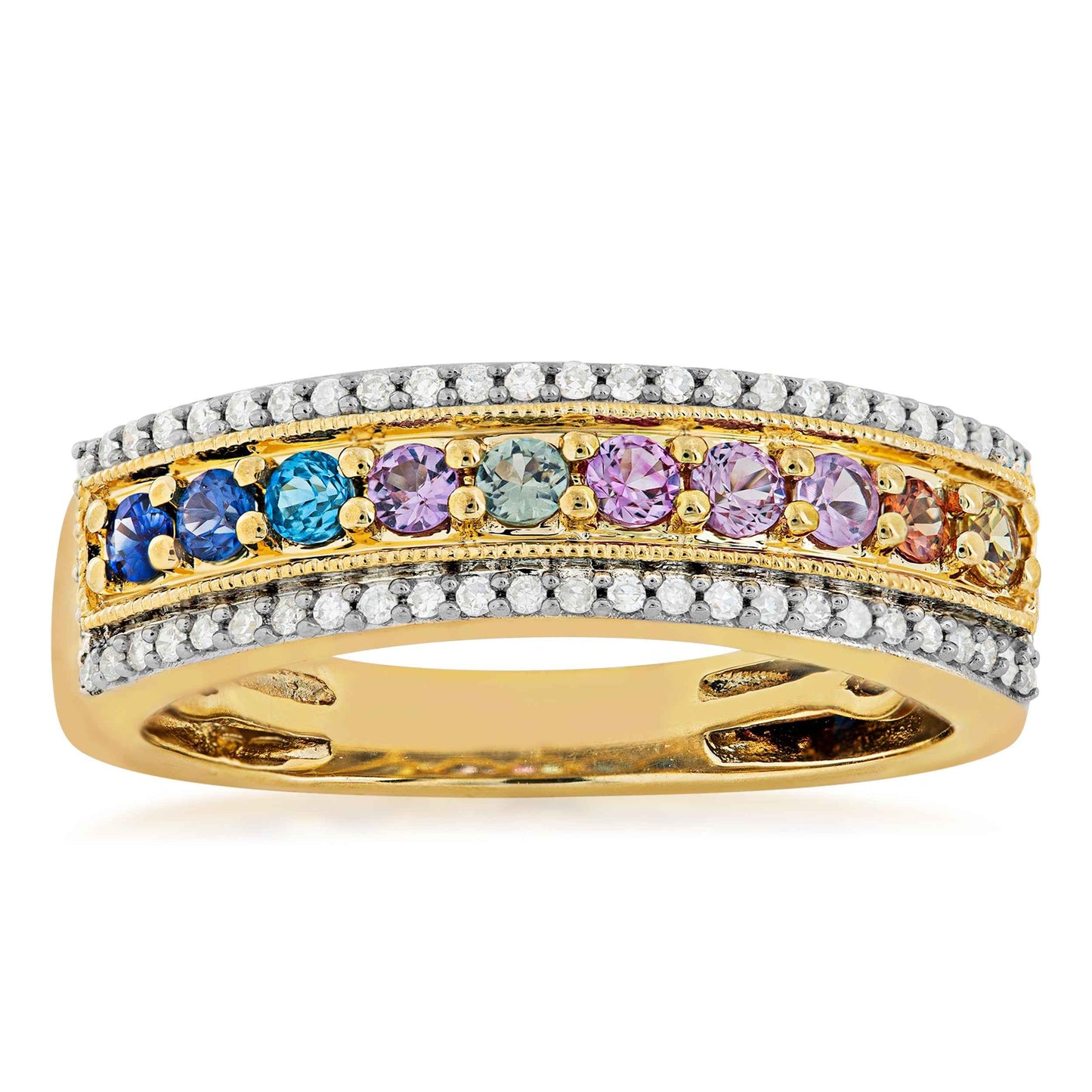 Genuine Multi-Color Sapphire & 1/6 ct. tw. Diamond Ring in 10KT Yellow Gold