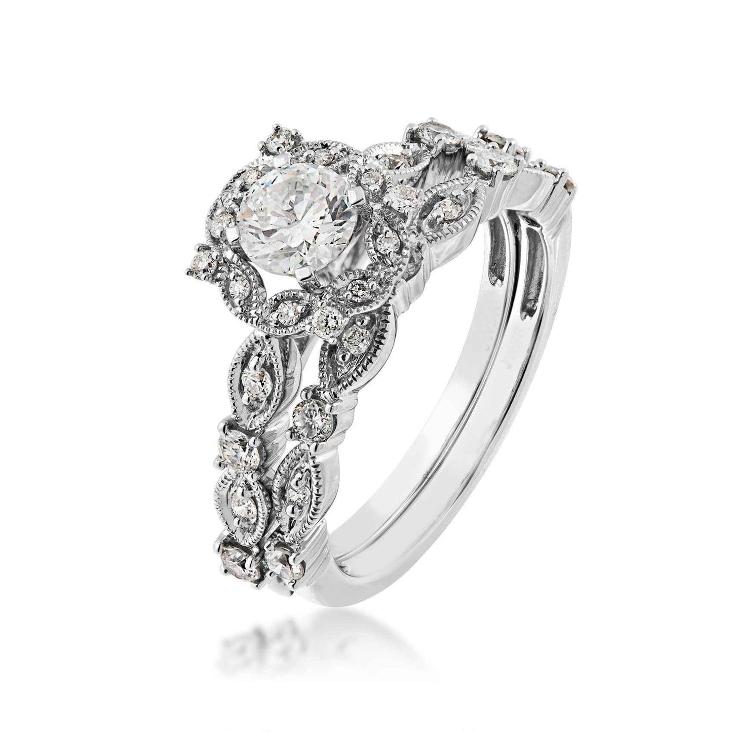 Natural 1 ct. tw. Round Brilliant Diamond Halo Milgrain Leaf Wedding Set in 14K White Gold close-up detail