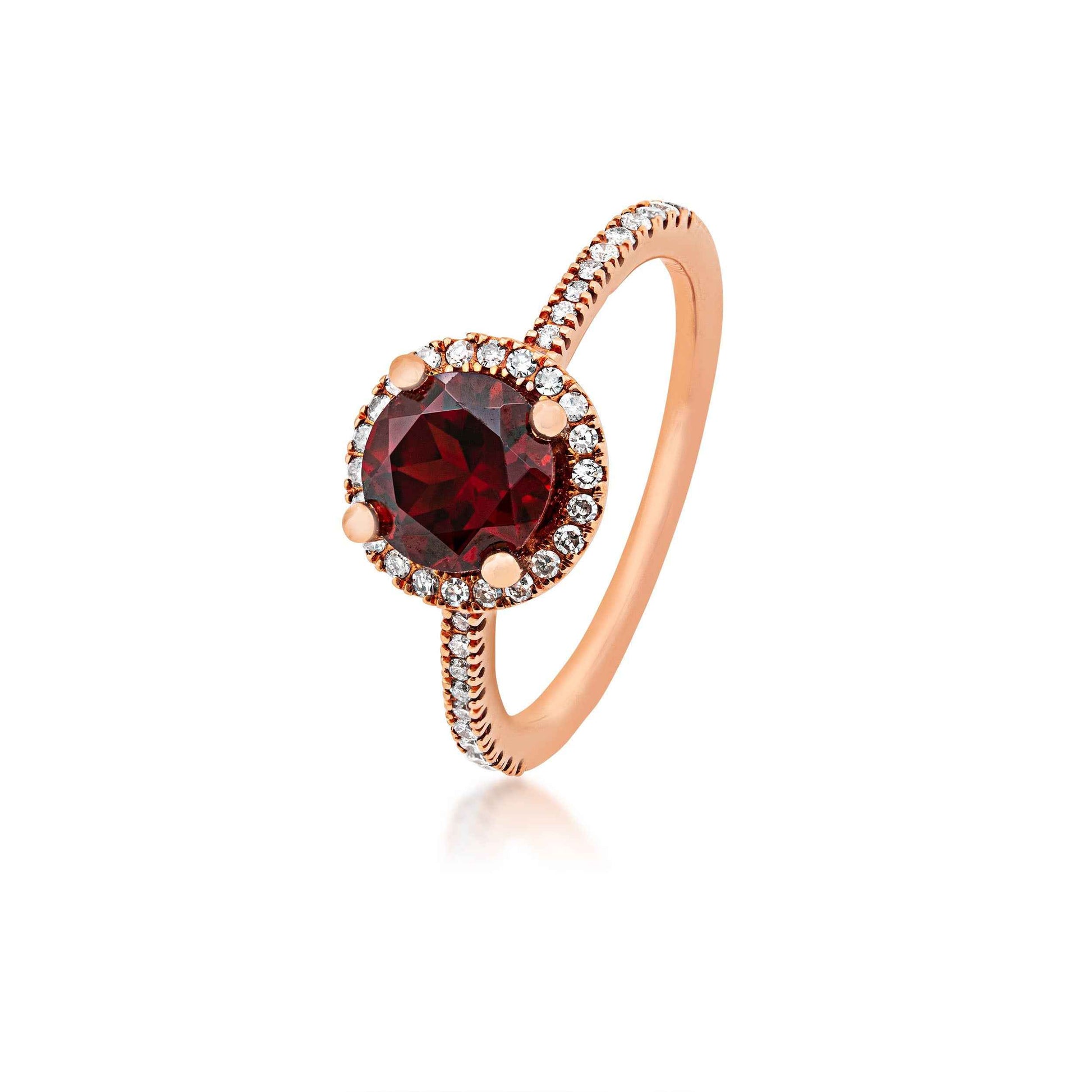 Impulse Collection Genuine Round Garnet Ring with 1/4 ct. tw. Diamond Halo & Band in 10K Pink Gold front view
