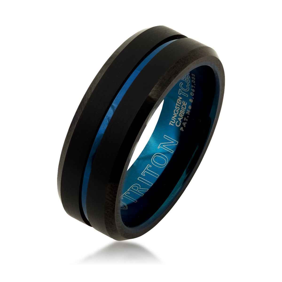 Triton Men's 8mm Tungsten Wedding Band with Blue PVD Stripe front view