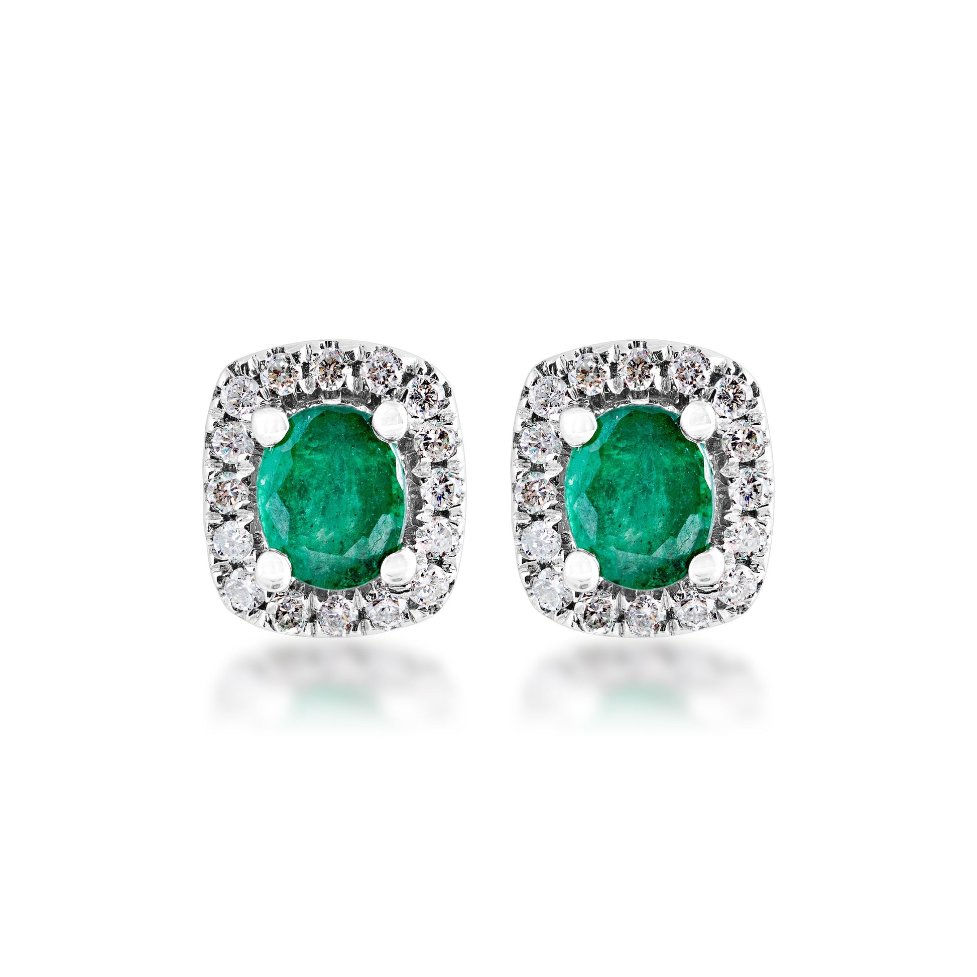 Emerald and 1/4 ct. tw. Diamond Halo Post Earrings in 10K White Gold front view