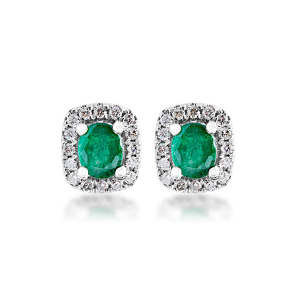 Emerald and 1/4 ct. tw. Diamond Halo Post Earrings in 10K White Gold front view