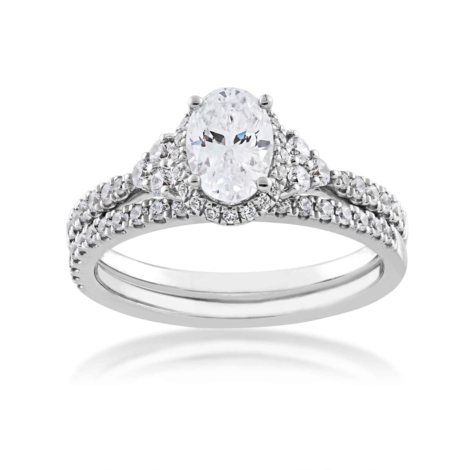 Noventa 1 ct. tw. Oval Diamond Hidden Halo Wedding Set with Cluster Diamond Accented Band in 14K White Gold