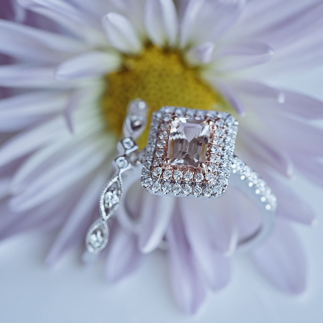 Love in Color 1/2 ct. tw. Diamond & Genuine Emerald Cut Pink Morganite Wedding Set in 14K Two-Tone Gold side profile