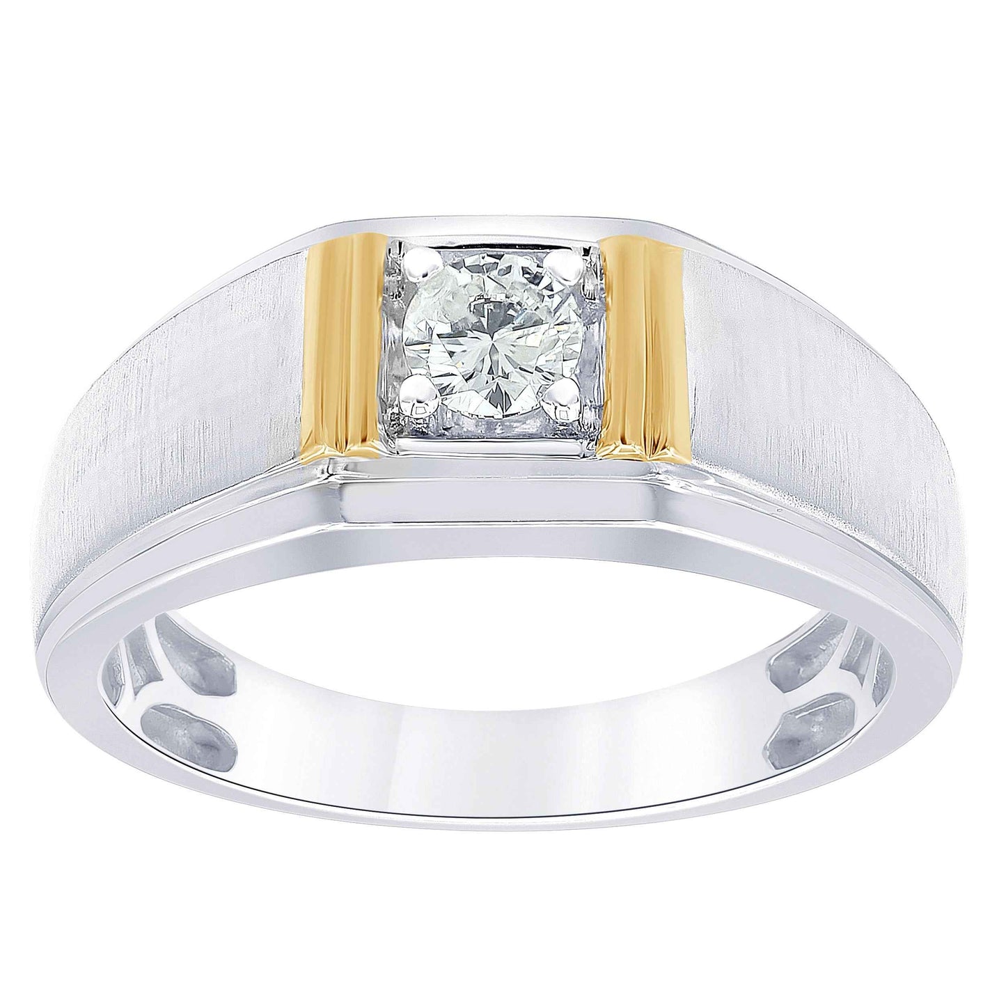 Men's 1/3 ct. tw. Round Diamond Wedding Band with Gold Side Bars and Brushed Metal Design in 10K White and Yellow Gold