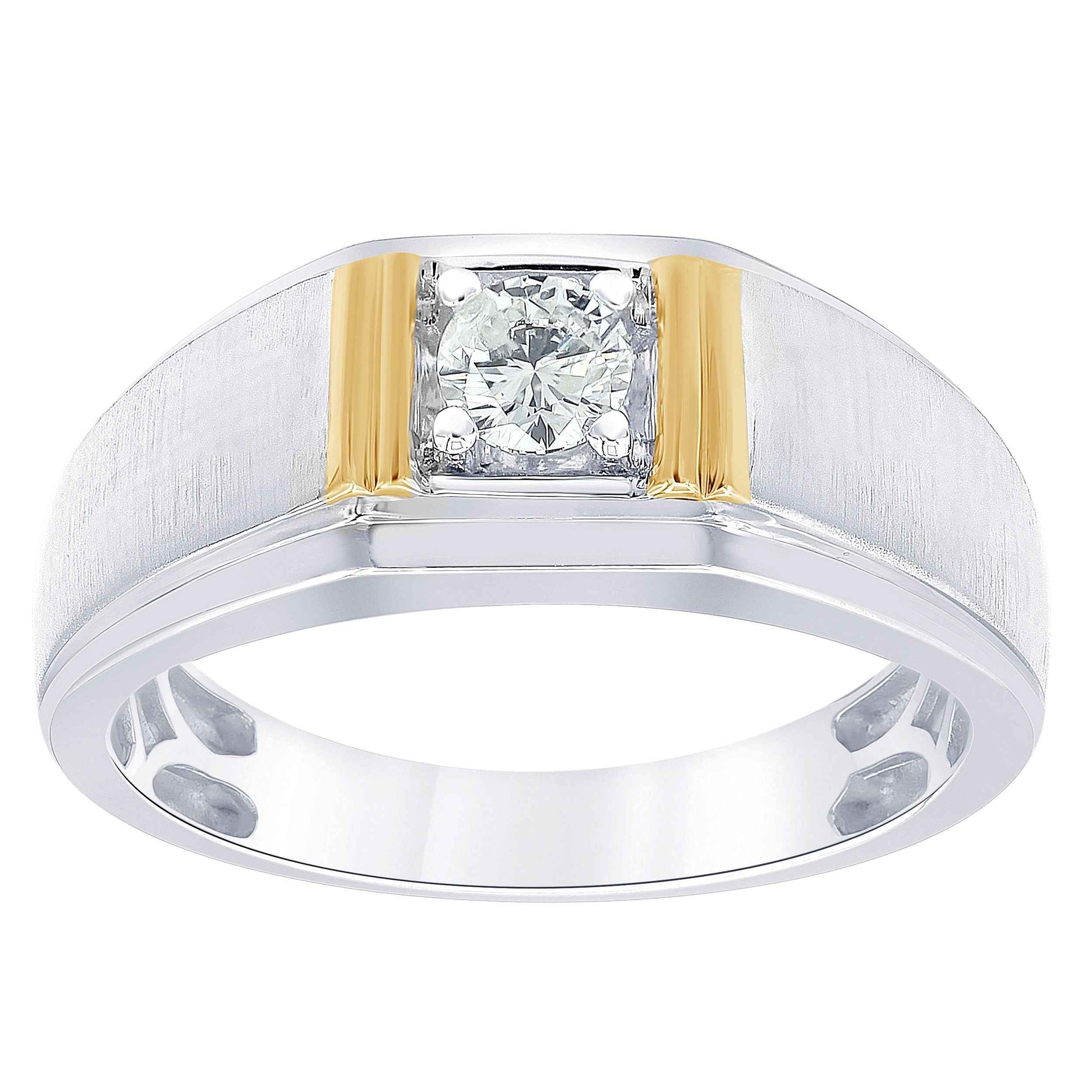 Men's 1/3 ct. tw. Round Diamond Wedding Band with Gold Side Bars and Brushed Metal Design in 10K White and Yellow Gold